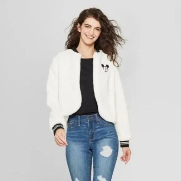Disney Jackets & Blazers - Disney Mickey Mouse 90th Anniversary Faux Fur White Bomber Jacket XL